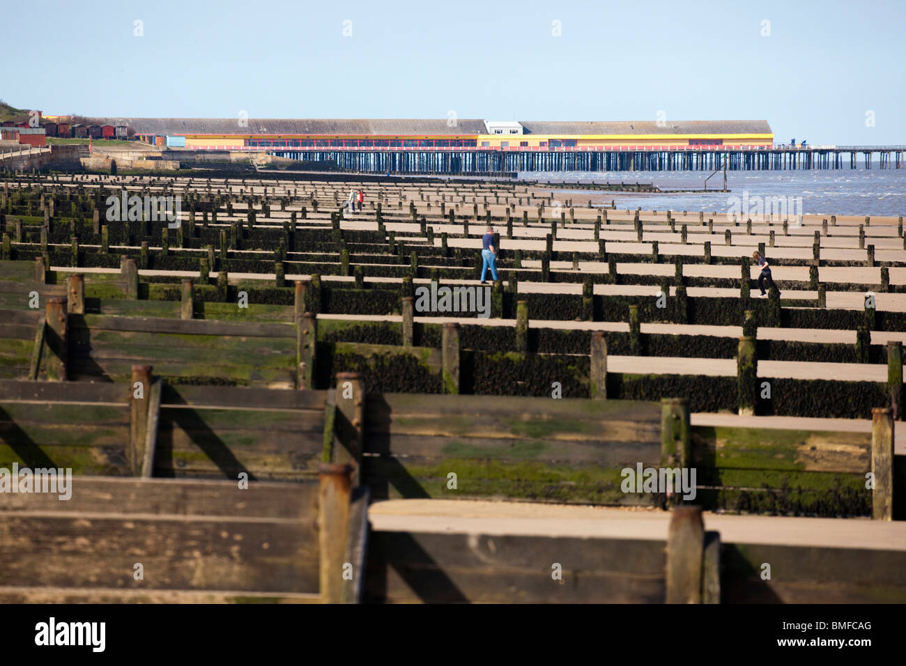 Strand von Walton auf The Naze Essex UK zeigt die Wellenbrecher Buhnen Stockfoto