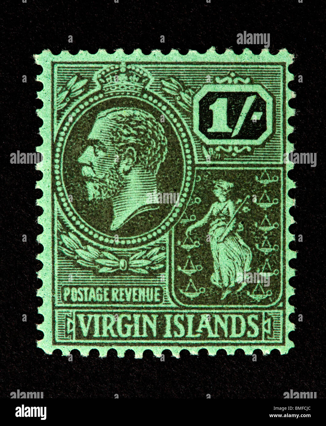 Briefmarke aus der British Virgin Islands Darstellung George V und die Kolonie Dichtung. Stockfoto