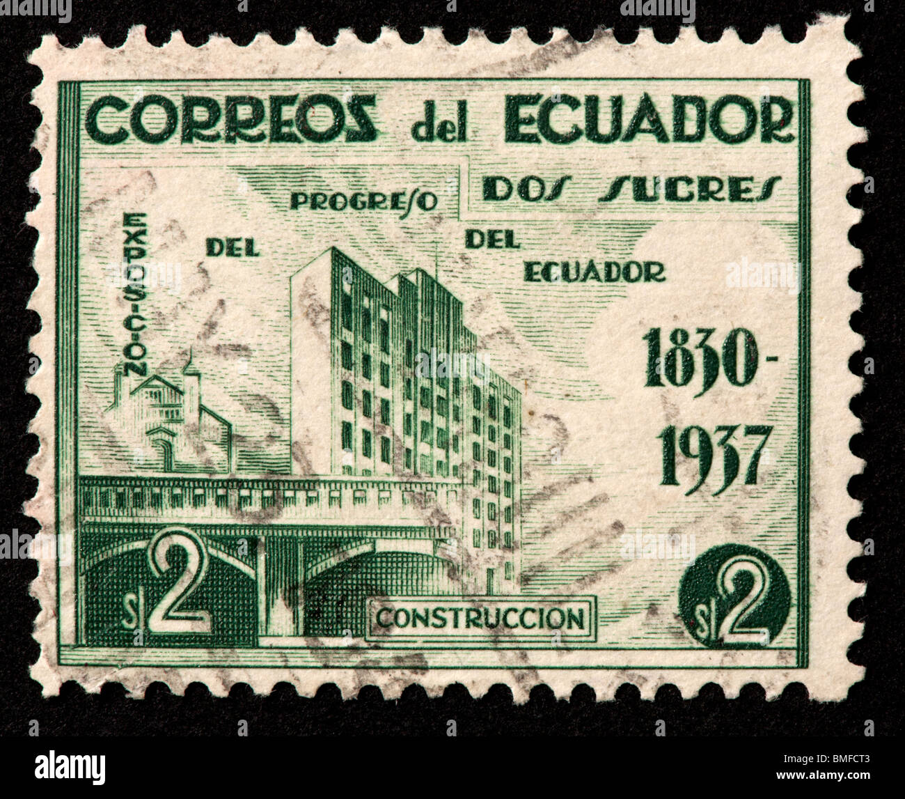 Briefmarke aus Ecuador für die 1937 Fortschritt Ecuador Ausstellung, Bautätigkeiten. Stockfoto