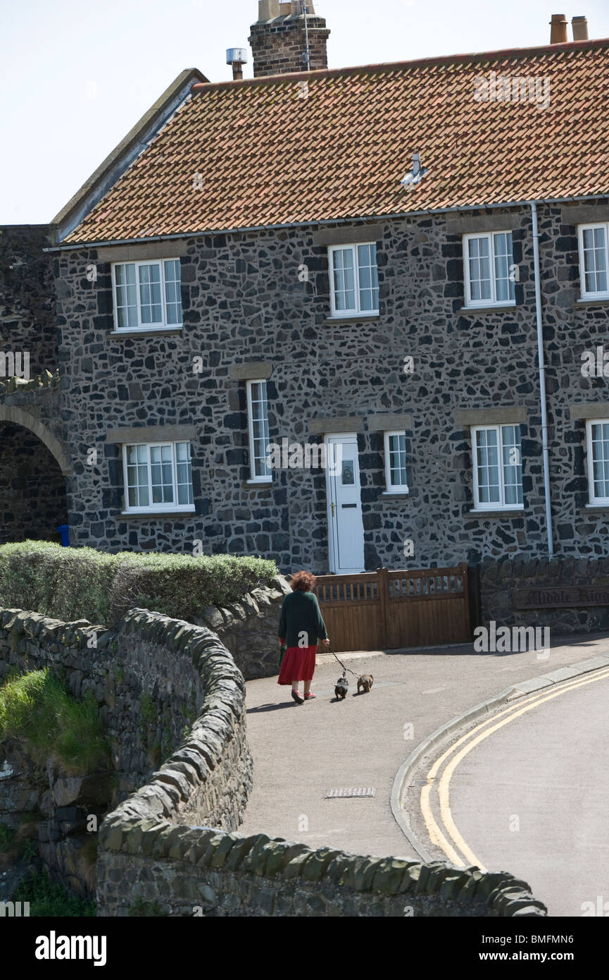 Frau zu Fuß die Hunde traditionelles Steinhaus auf dem Hintergrund Craster Northumberland Küste England UK Europe Stockfoto