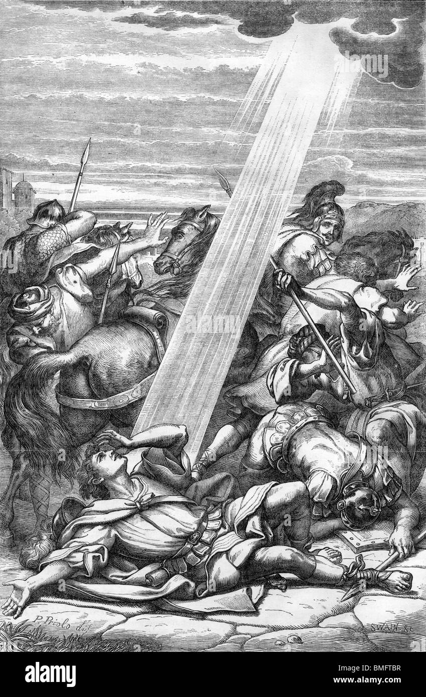 Schwarz-Weiß-Illustration: Die Umwandlung Sauls nach Gravur von Gustave Doré Stockfoto