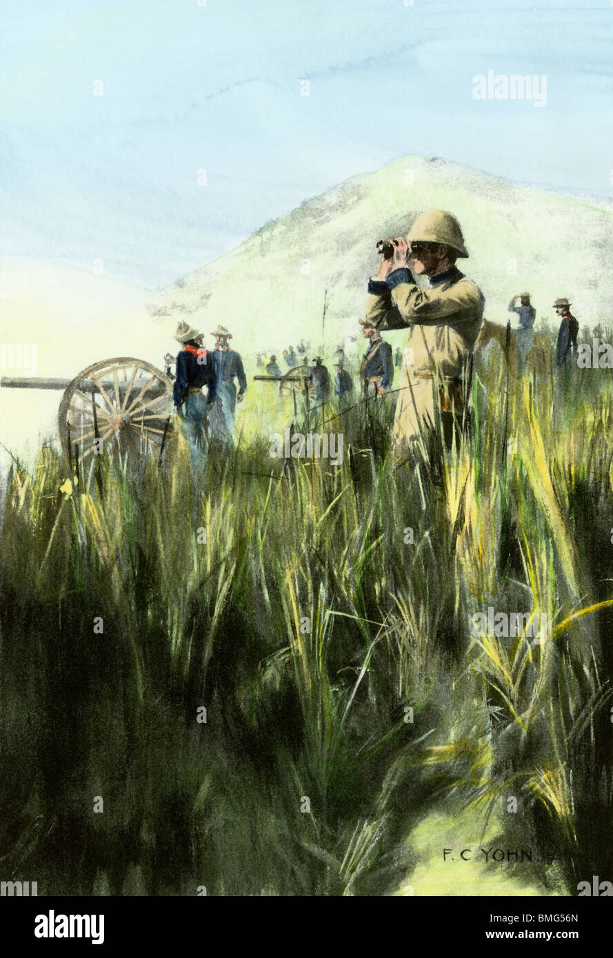 Amerikanische Offiziere beobachten Artilleriefeuer von Coamo, Puerto Rico, Spanisch-Amerikanischen Krieg, 1898. Handcolorierte halftone einer Abbildung Stockfoto