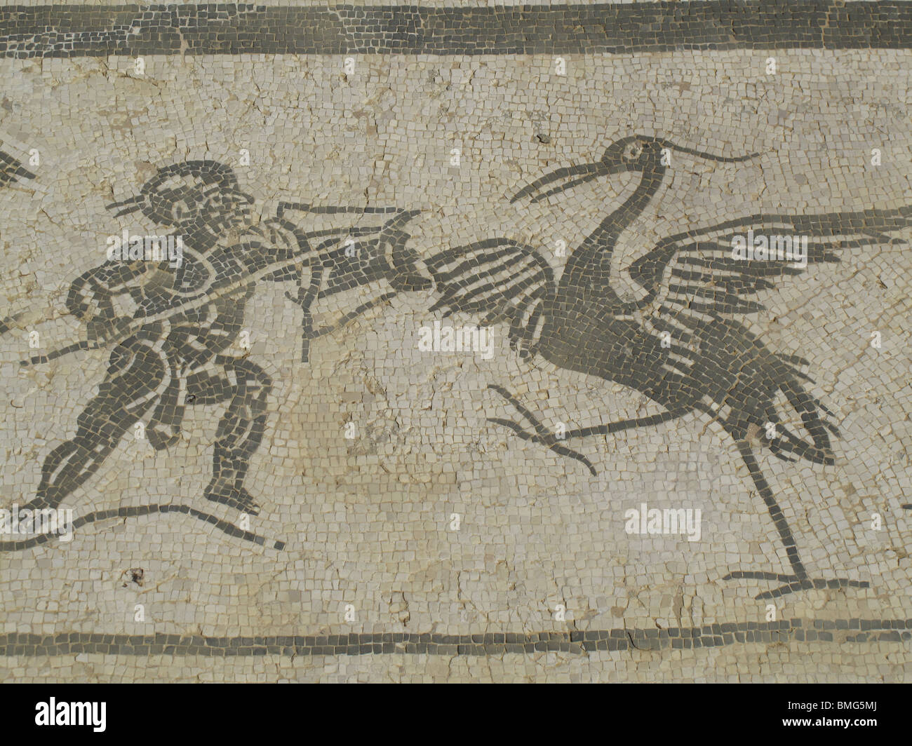Römisches Mosaik von Neptun in Italica. Detail der Kampf zwischen einem Zwerg und einem Kranich. Provinz Sevilla. Andalusien. Spanien. Stockfoto