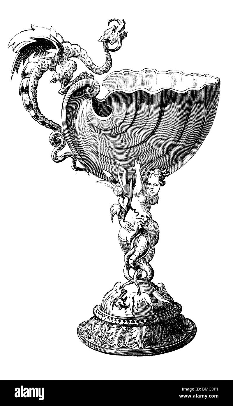 Schwarz / weiß-Gravur schneiden Sie isoliert auf weiss. Abbildung eines Kunst-Elements auf der großen Londoner Ausstellung 1851 ausgestellt. Stockfoto