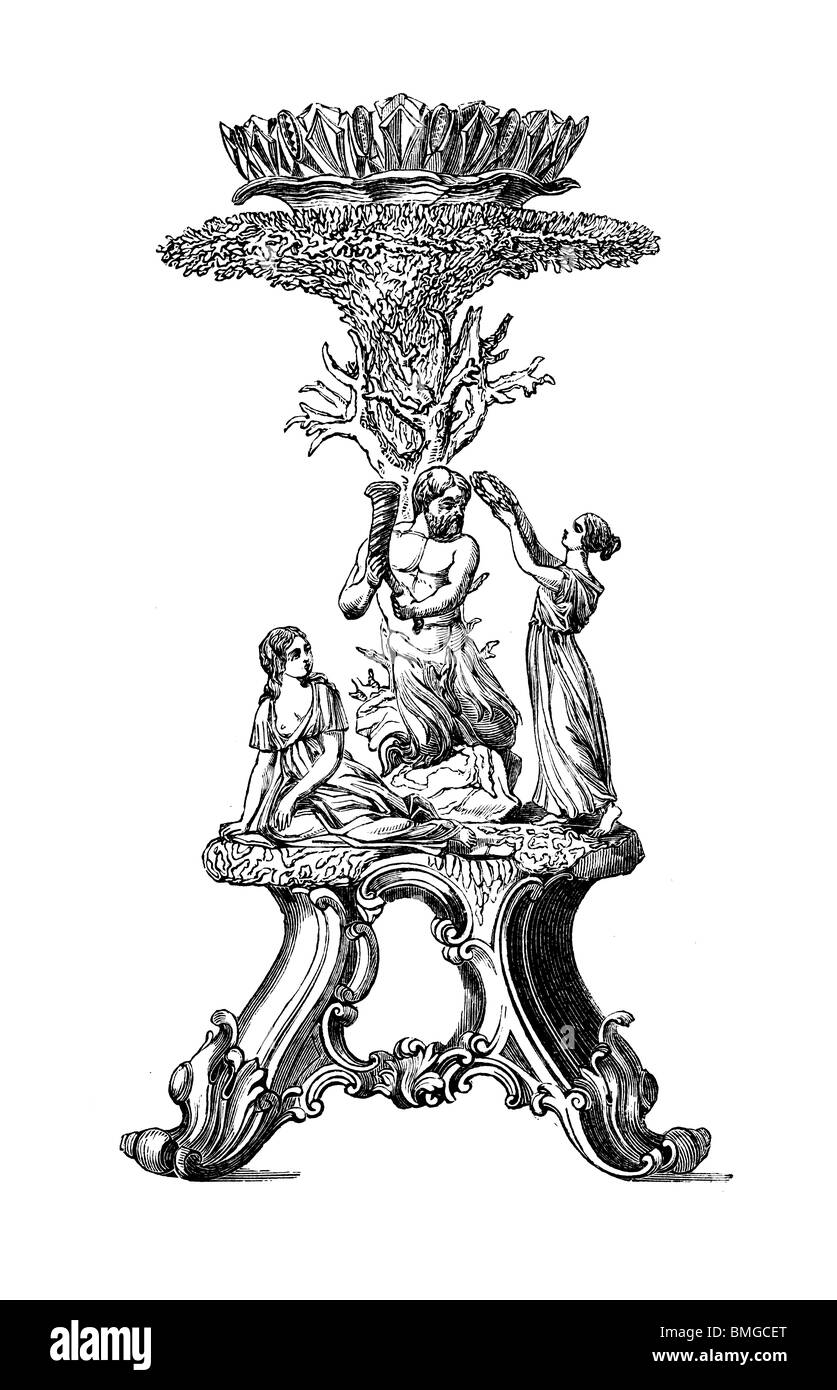 Schwarz / weiß-Gravur schneiden Sie isoliert auf weiss. Abbildung eines Kunst-Elements auf der großen Londoner Ausstellung 1851 ausgestellt. Stockfoto