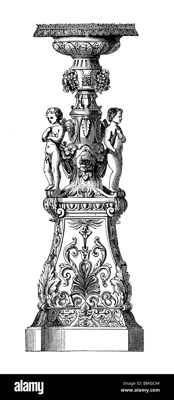 Schwarz / weiß-Gravur schneiden Sie isoliert auf weiss. Abbildung eines Kunst-Elements auf der großen Londoner Ausstellung 1851 ausgestellt. Stockfoto