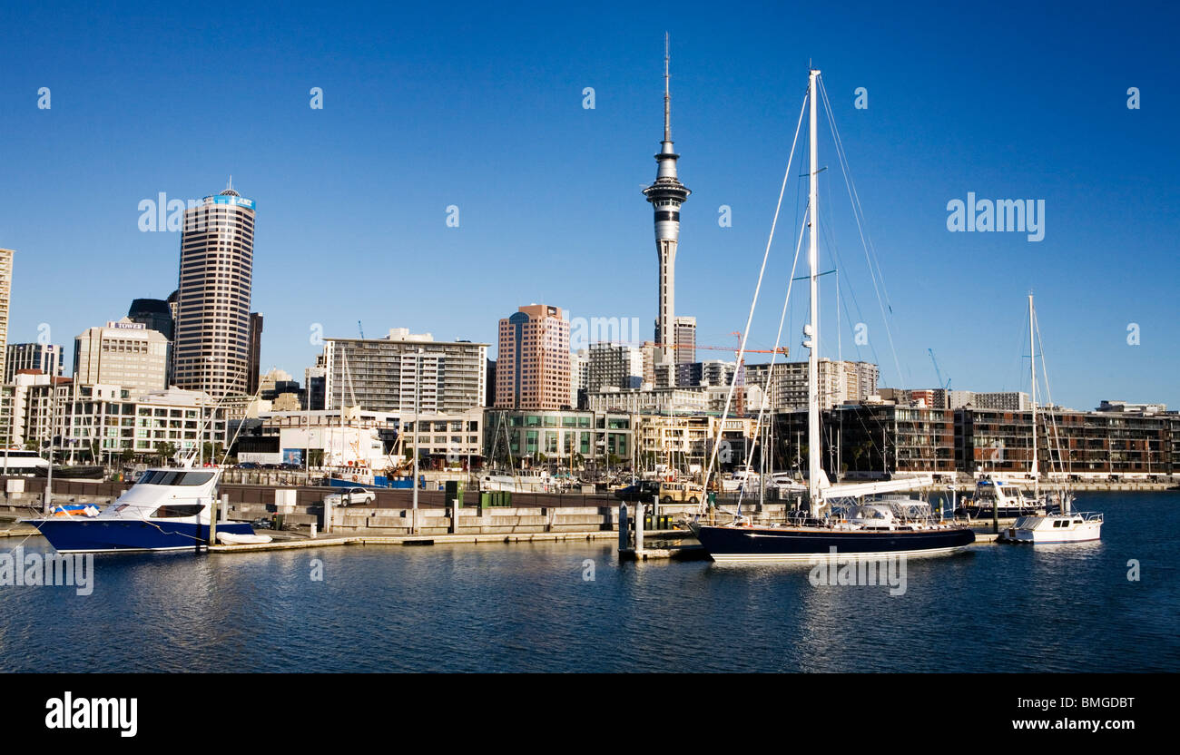 Der Westhaven Bay Harbor, Segelboote und den Skytower auf die Rücken, Skyline von Auckland, Neuseeland Stockfoto
