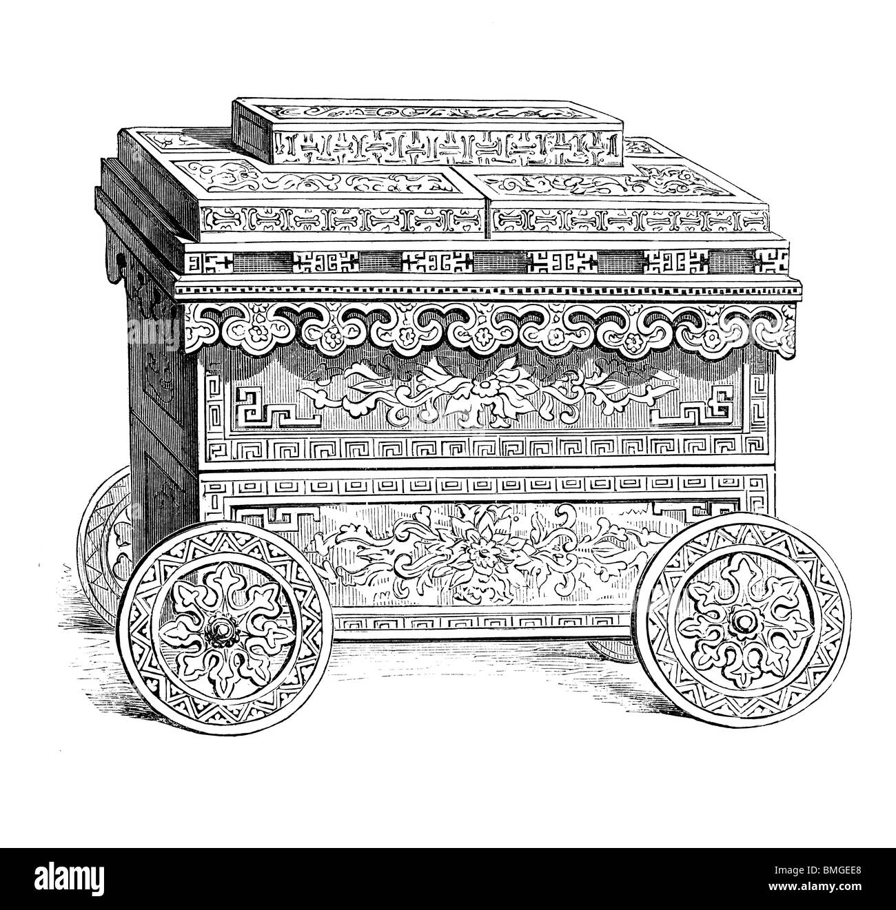 Schwarz / weiß-Gravur schneiden Sie isoliert auf weiss. Abbildung eines Kunst-Elements auf der großen Londoner Ausstellung 1851 ausgestellt. Stockfoto