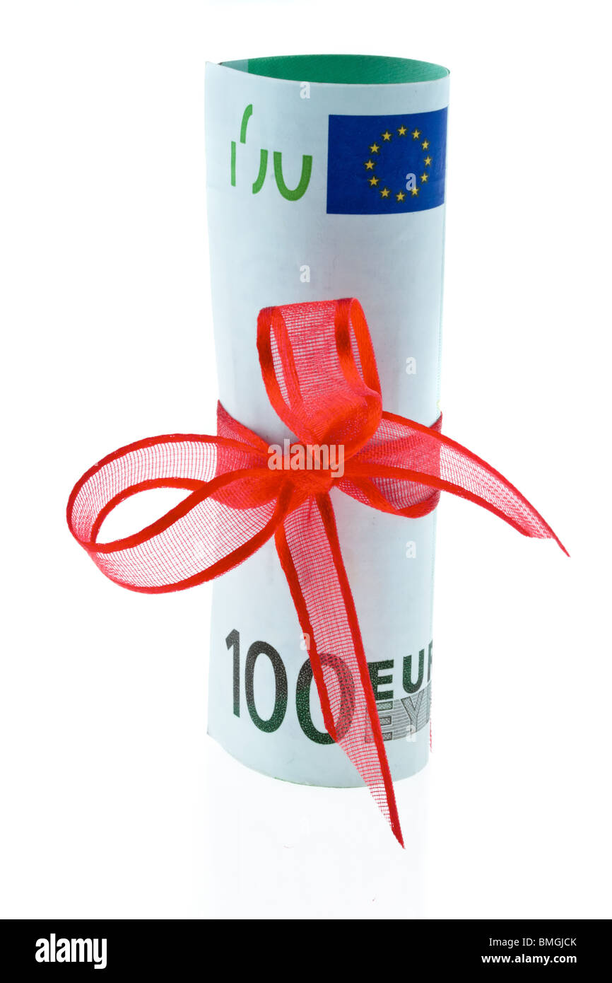 EURO-Banknoten mit einer Schleife als ein Geschenk des Geldes Stockfoto