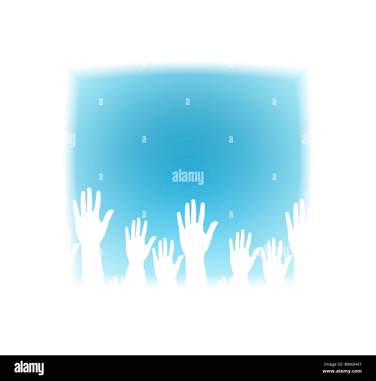 Viele Hände hoch, auf einer Party. Isoliert Stockfoto