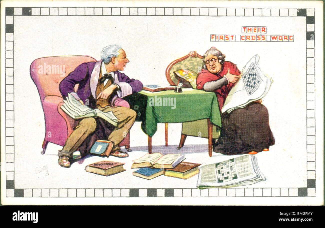 Comic-Postkarte des Kreuzworts Craze um 1925 Zeigt häusliche Innenausstattung mit älteren Paar Streit Stockfoto