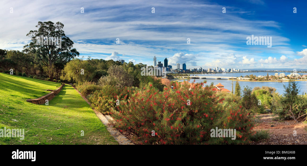 Kings Park mit Blick auf den Swan River, Narrows Bridge und Perth Wolkenkratzer. Stockfoto