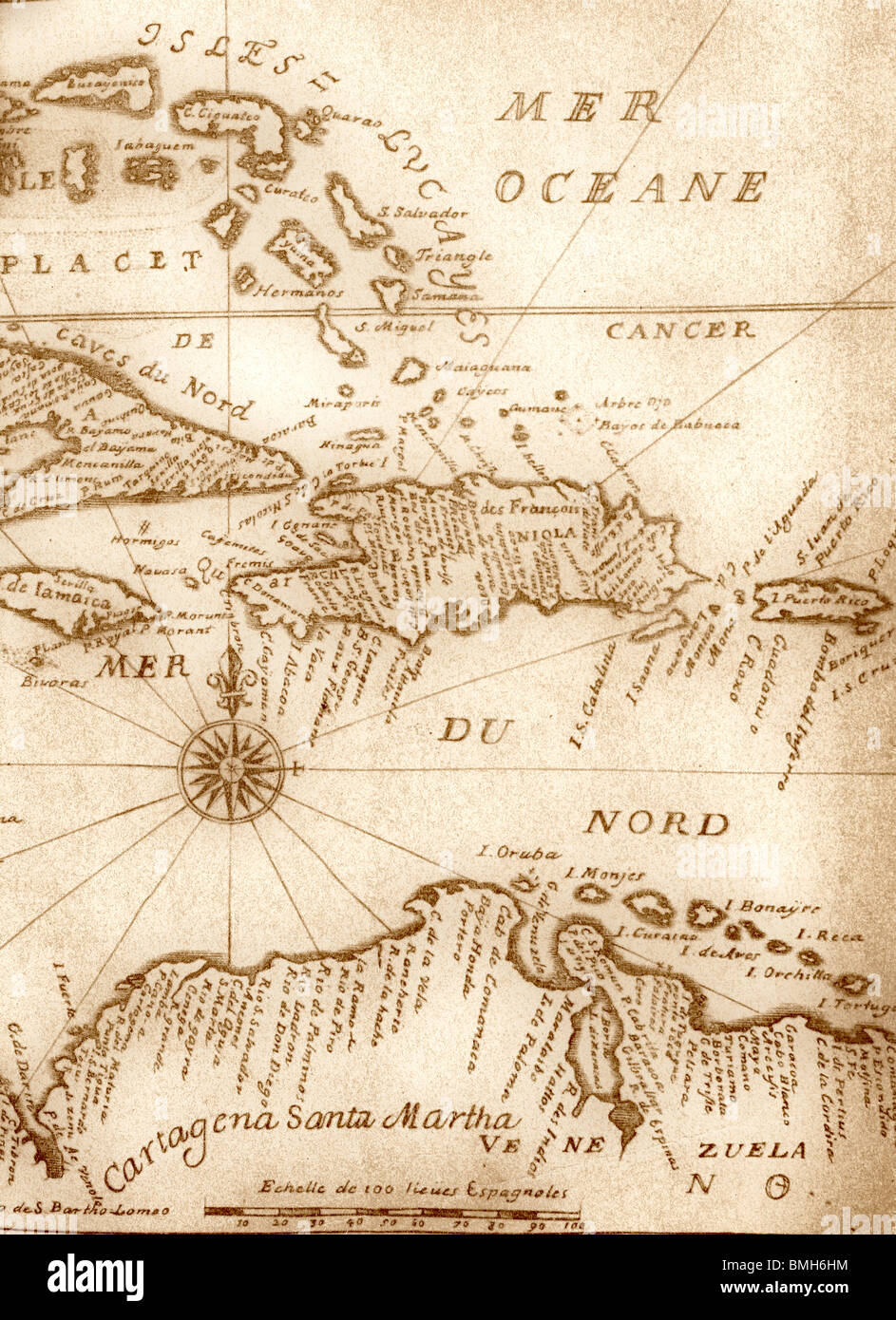 Handschriftliche alte Karte der Karibik Becken aus dem Buch von 1678 Stockfoto