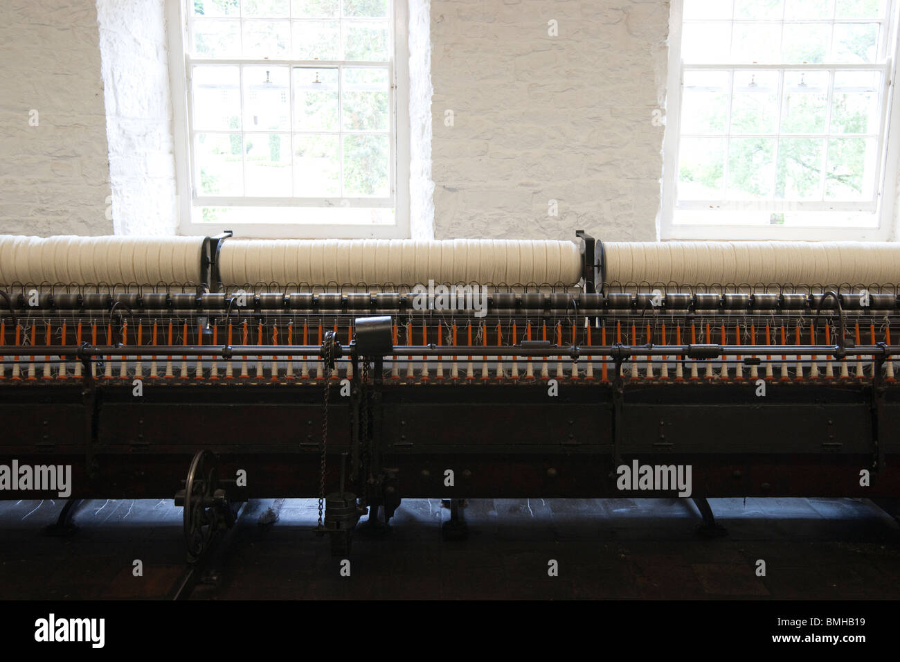 New Lanark - Robert Owen utopische Industriedorf in Schottland. Baumwolle Spinnen Mühle Interieur. Spinning Jenny. Stockfoto