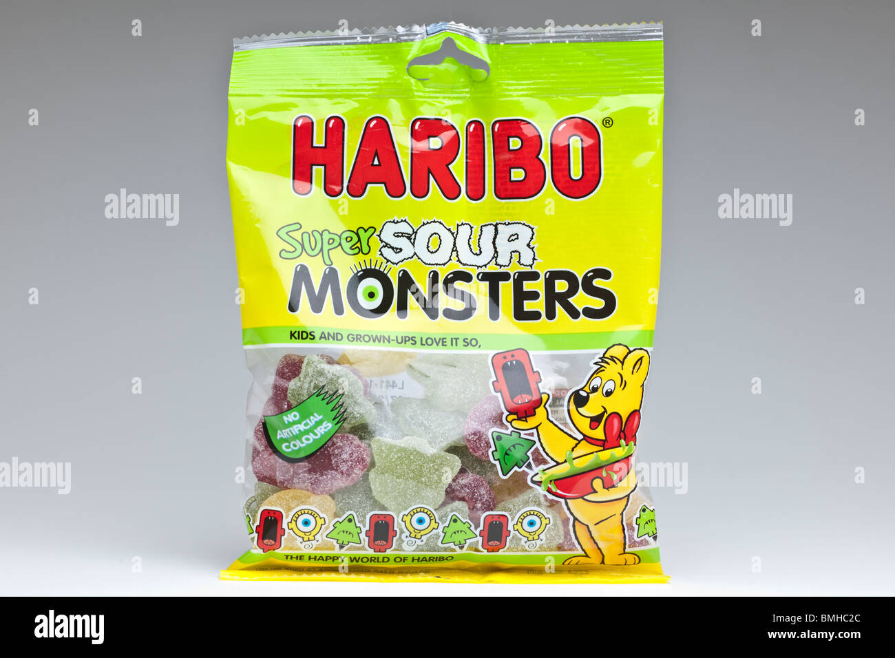 Beutel von Haribo saure super Monster-Gelee-Süßwaren Stockfoto