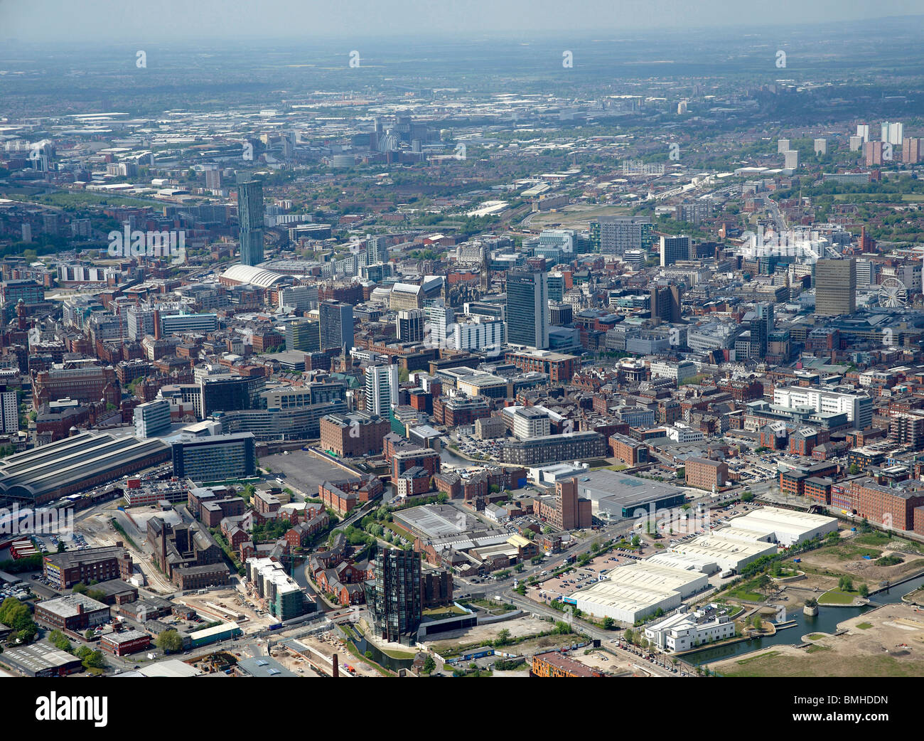 Manchester Stadtzentrum aus der Luft, North West England Stockfoto