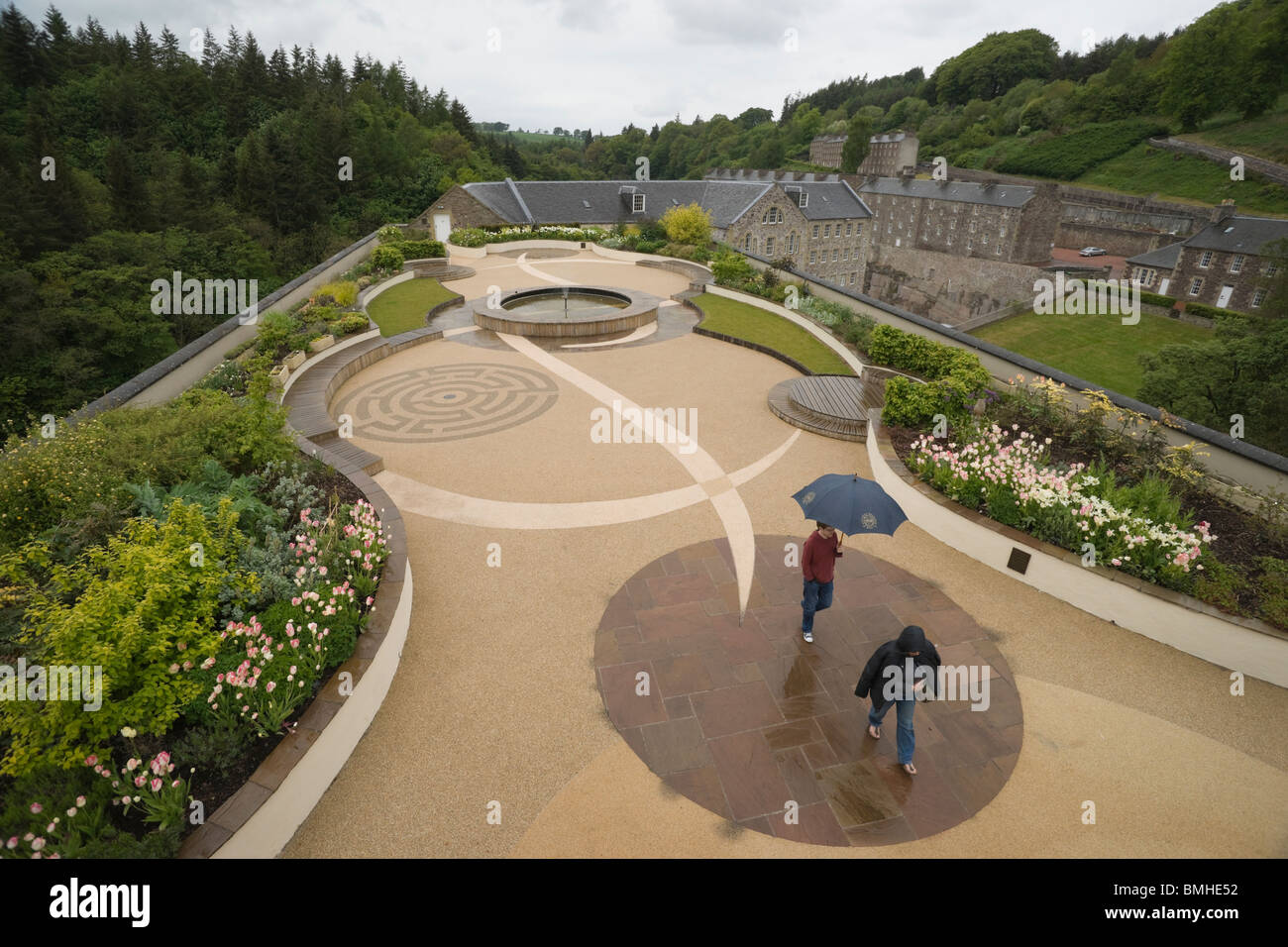 New Lanark - Robert Owen utopische Industriedorf in Schottland. Der Dachgarten, Millennium Project, World Heritage Site. Stockfoto