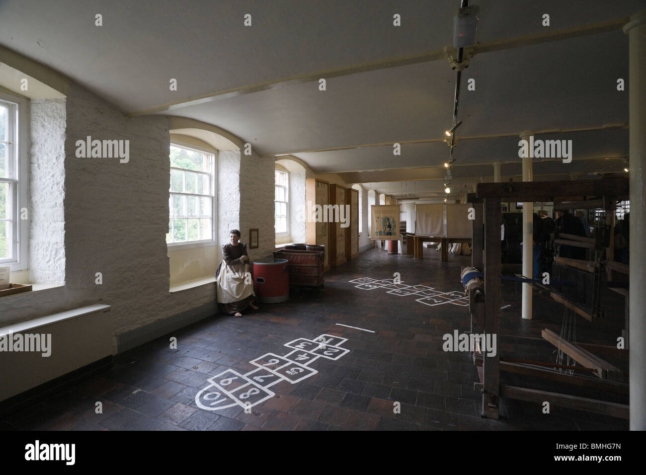 New Lanark - Robert Owen utopische Industriedorf in Schottland. Baumwolle Spinnen Mühle Interieur. Stockfoto