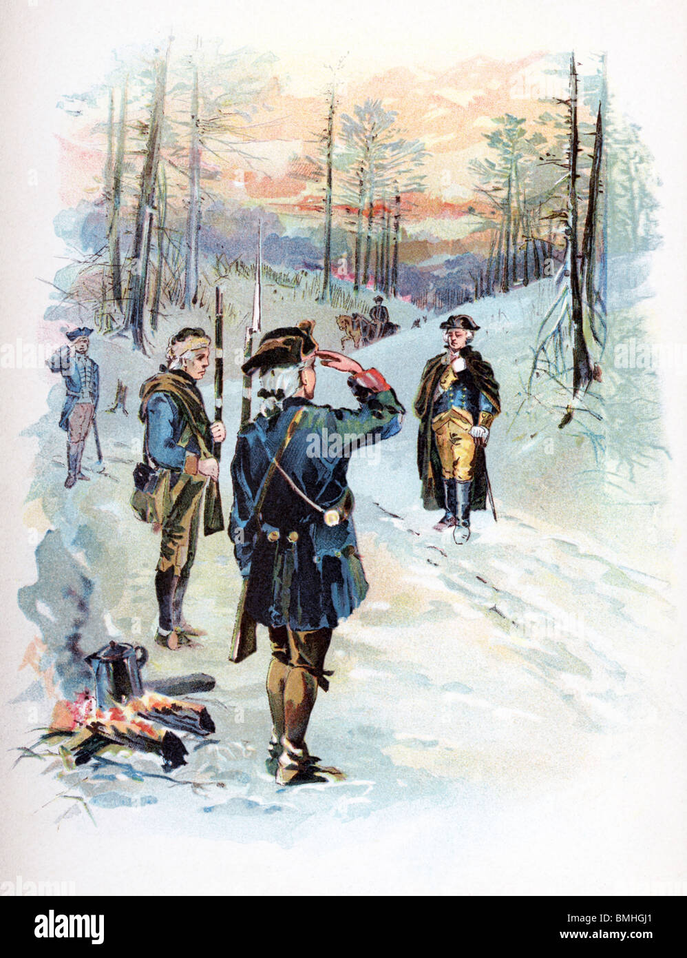 George Washington, der Oberbefehlshaber der Kontinentalarmee, ist von einem Offizier im Camp in Valley Forge begrüßte. Stockfoto
