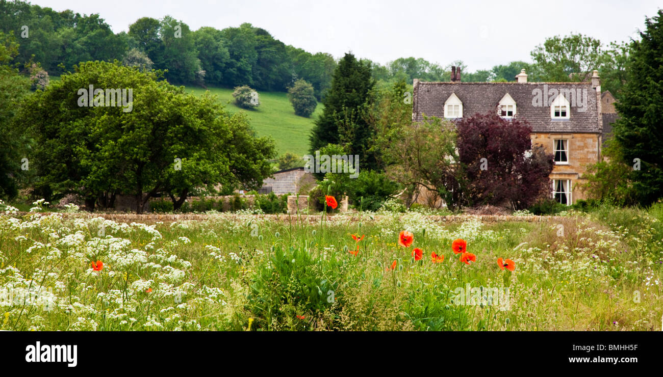 Cotswold Landhaus mit Mohn und Kuh Petersilie. Eine typische englische Sommerlandschaft im Juni, Gloucestershire, UK Stockfoto