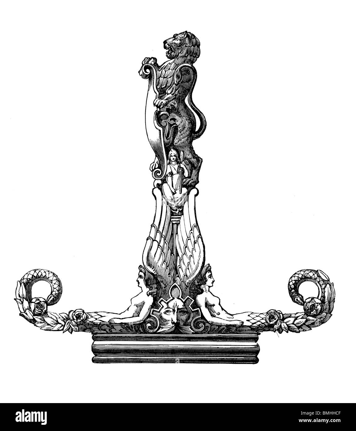 Schwarz / weiß-Gravur schneiden Sie isoliert auf weiss. Abbildung eines Kunst-Elements auf der großen Londoner Ausstellung 1851 ausgestellt. Stockfoto