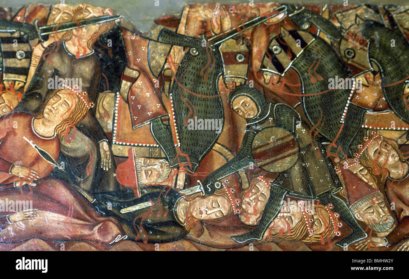 Katalanische Armeen, die Mallorca im Jahre 1229 eroberten. Ausschnitt aus dem Altarbild der Hl. Ursula. Mallorca. Balearischen Inseln. Spanien. Stockfoto