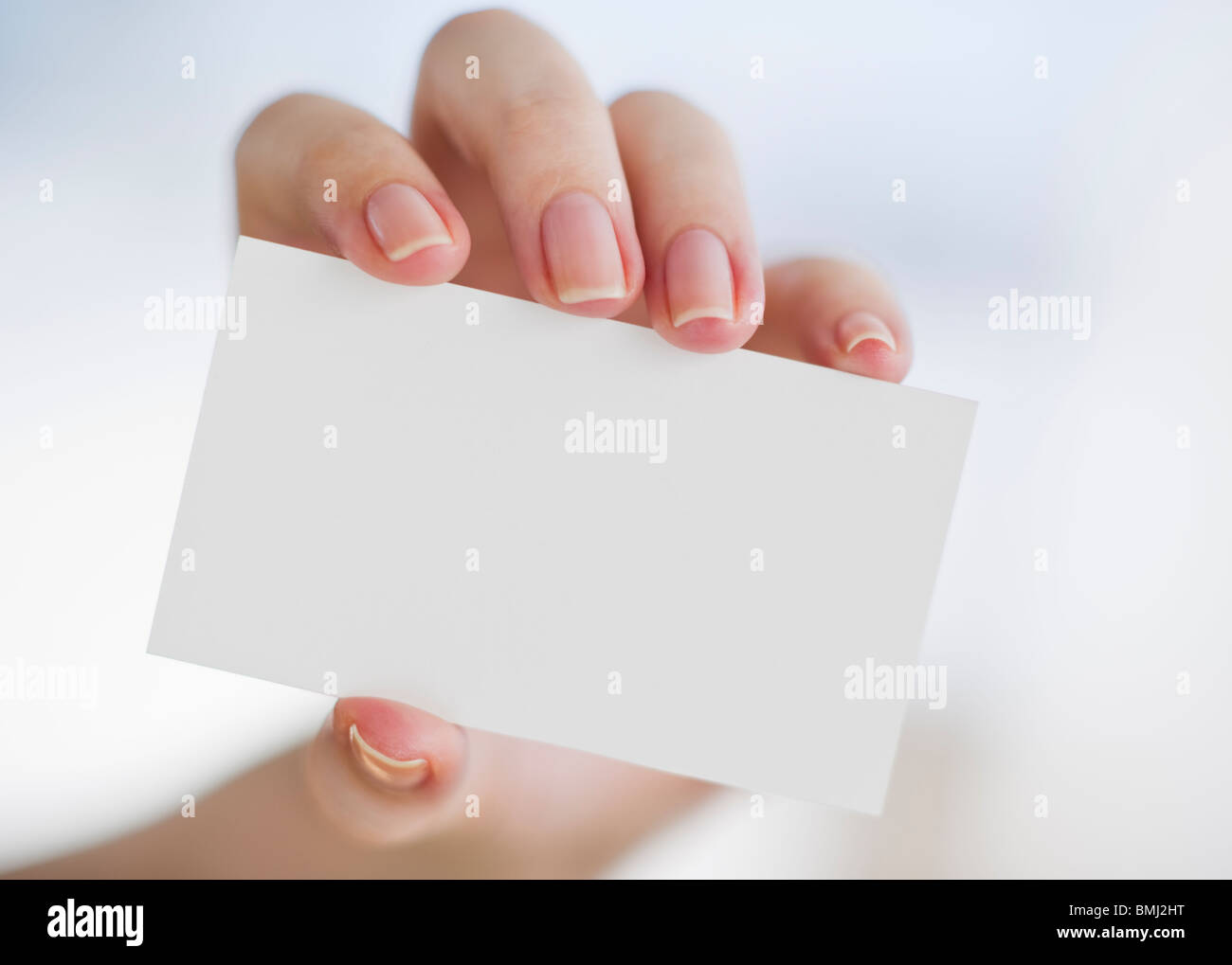 Hand, die eine leere Visitenkarte Stockfoto