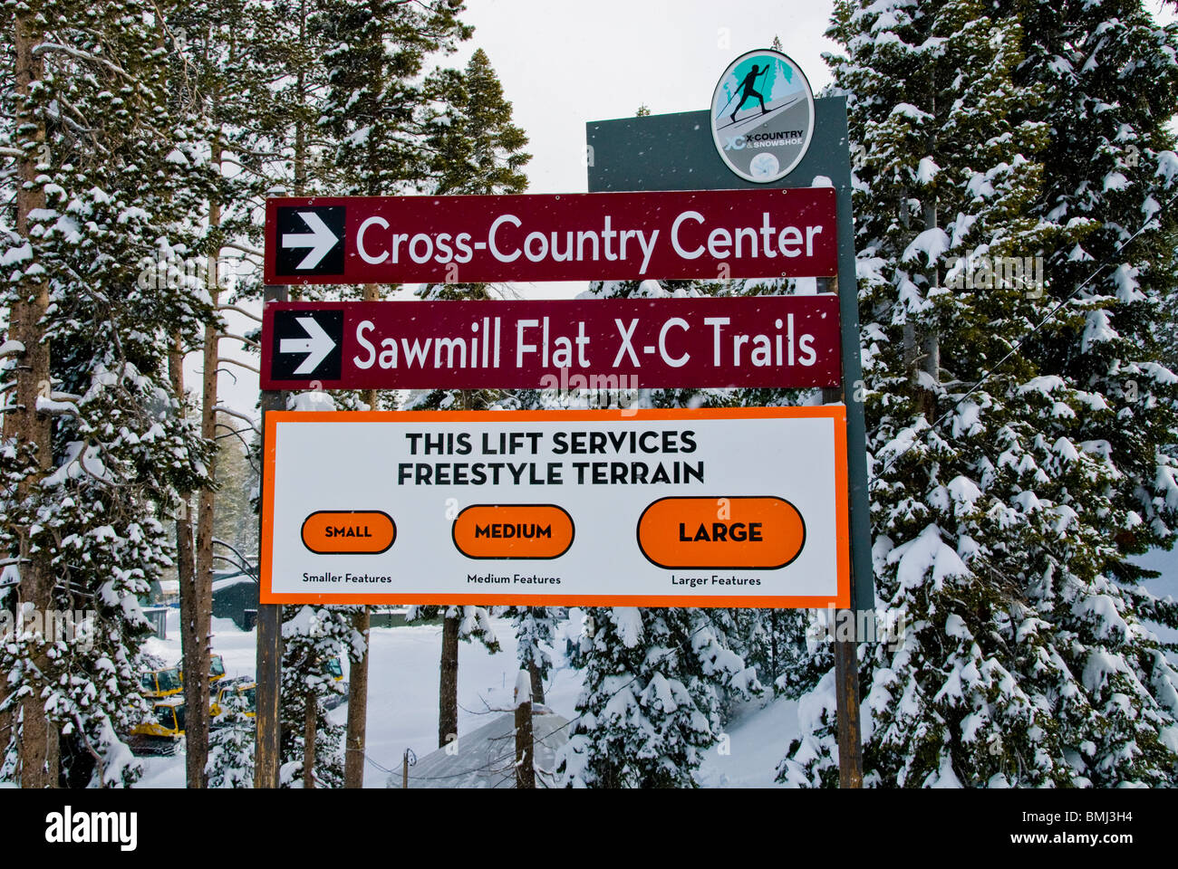 Ski-Schilder, Winterszene, North Lake Tahoe, Kalifornien, USA Stockfoto