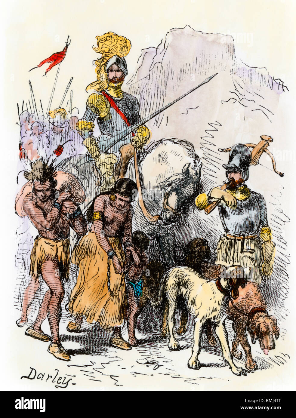 De Soto Expedition Reisen mit unverlierbaren gebürtige Amerikaner, 1539. Hand - farbige Holzschnitt Stockfoto