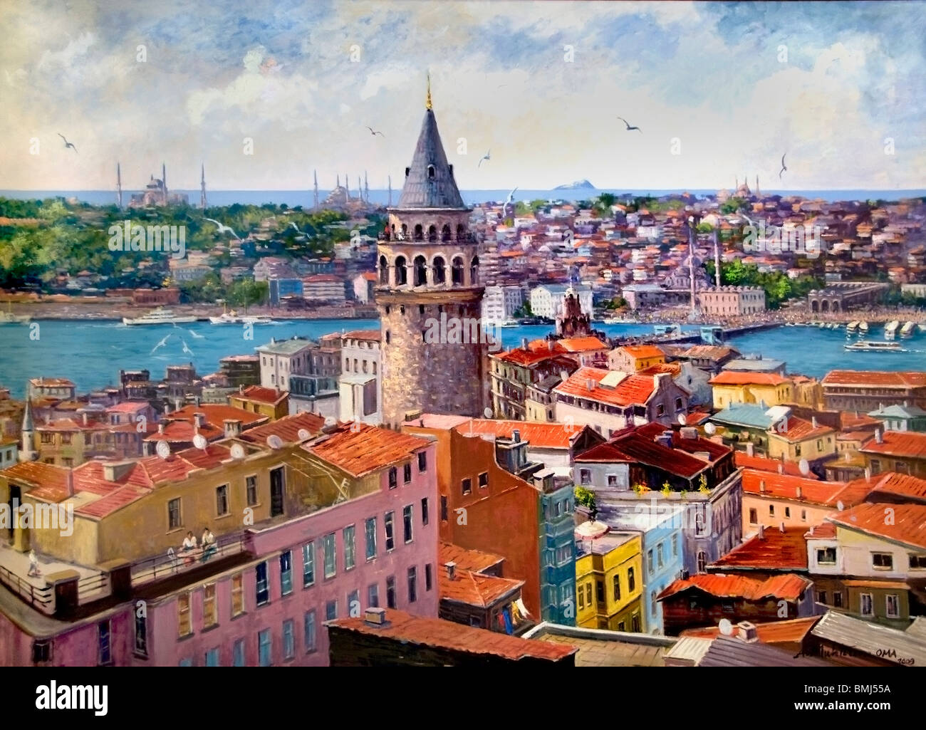Istanbul Türkei Goldene Horn Galata Brücke am Wasser Turm Bosporus links Stockfoto
