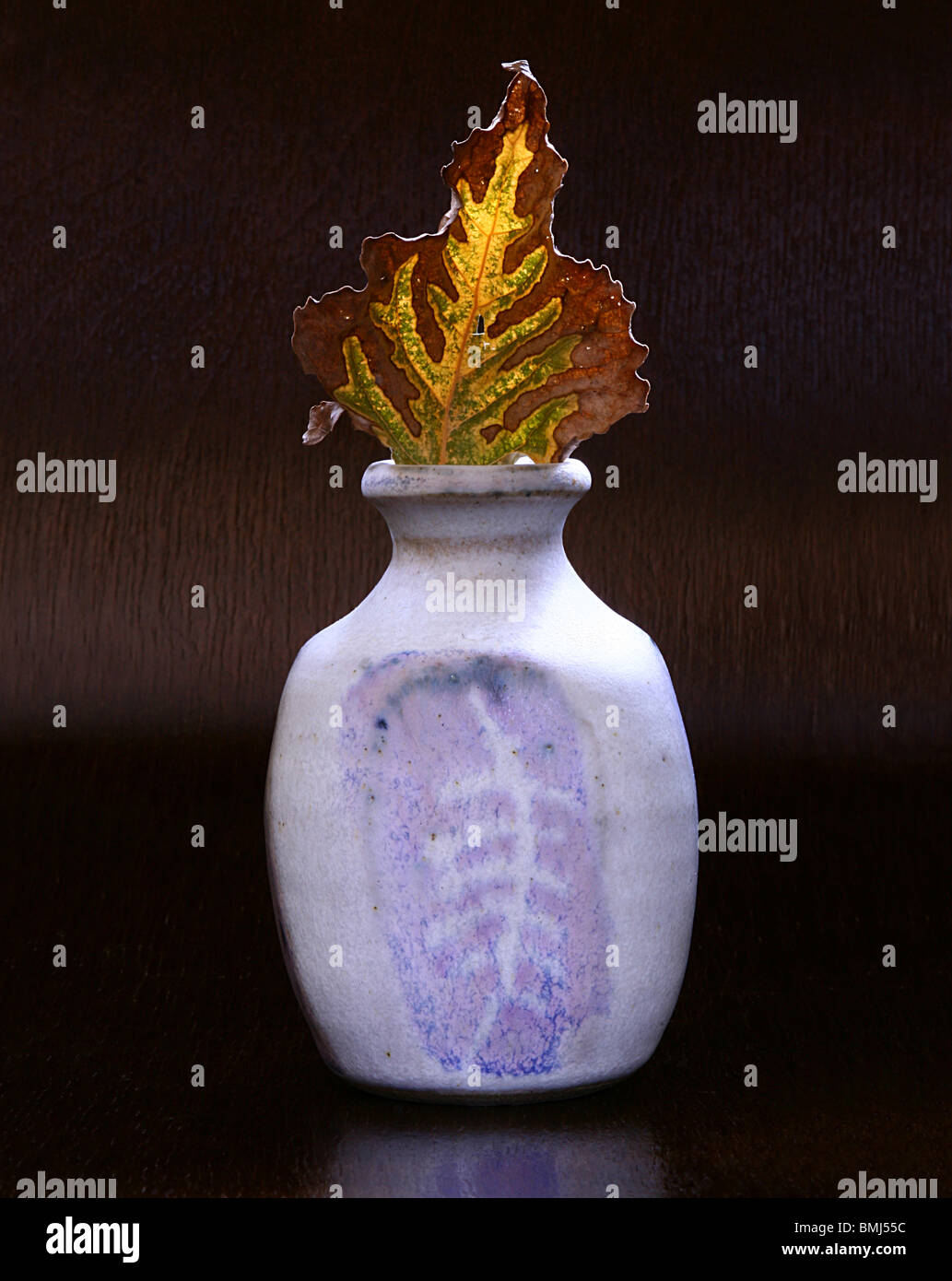 Ein Herbst Blatt in einem Keramik-Vase mit "passendem" Skelett Blatt design Stockfoto