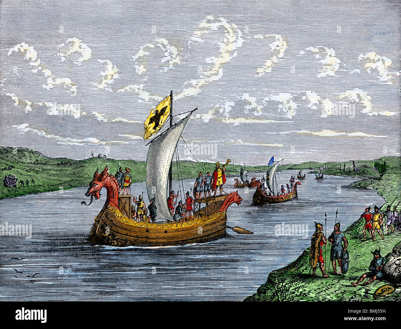 Viking Siedler die Erkundung der nordamerikanischen Küste. Hand - farbige Holzschnitt Stockfoto