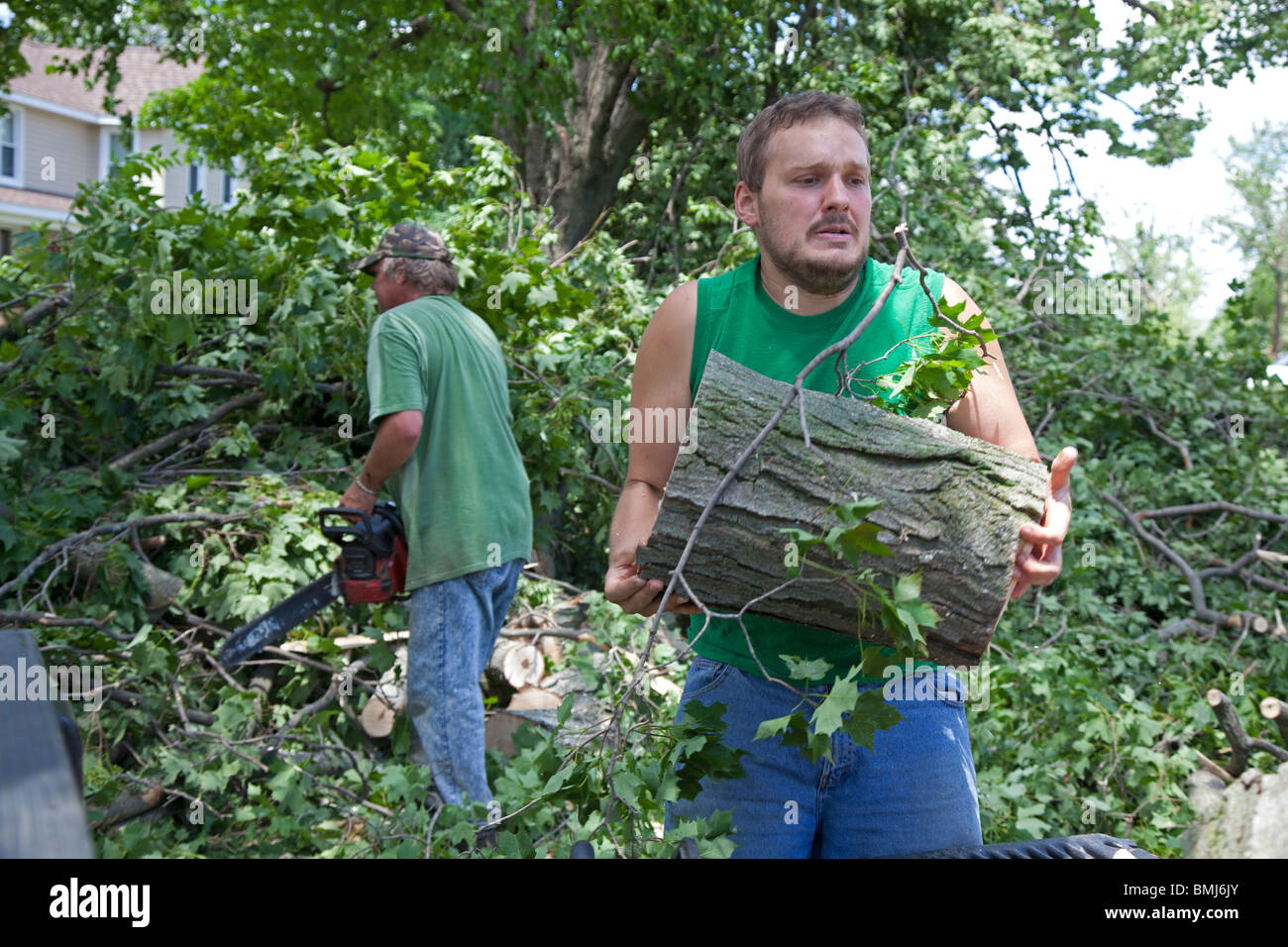 Dundee, Michigan - Freiwilligen Fälle Bäume durch einen Tornado beschädigt. Stockfoto