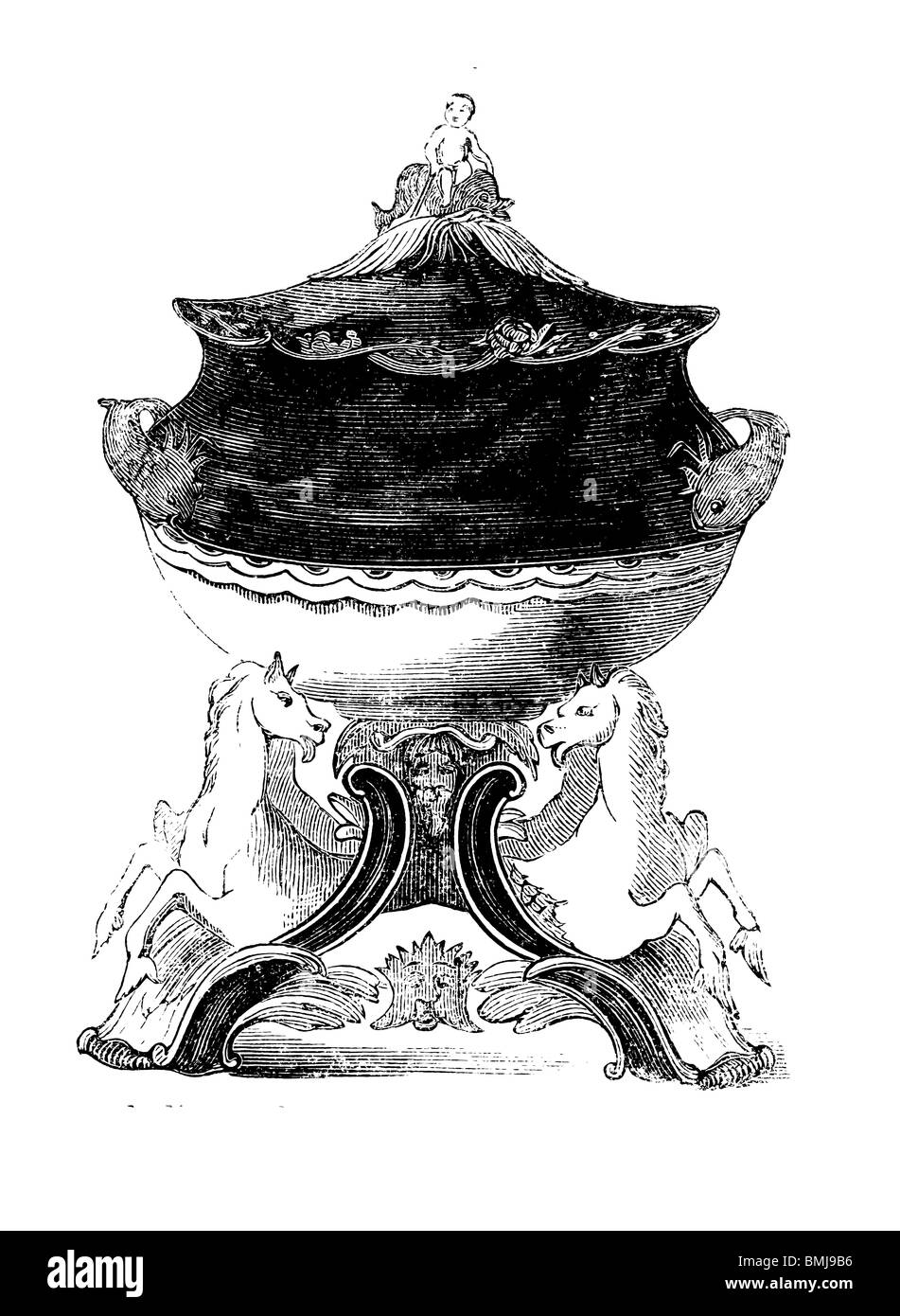 Schwarz / weiß-Gravur schneiden Sie isoliert auf weiss. Abbildung eines Kunst-Elements auf der großen Londoner Ausstellung 1851 ausgestellt. Stockfoto