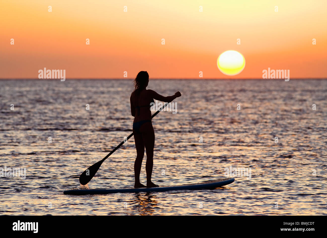 Stand Paddler bei Sonnenuntergang am Olowalu, Maui, Hawaii, USA. Stockfoto