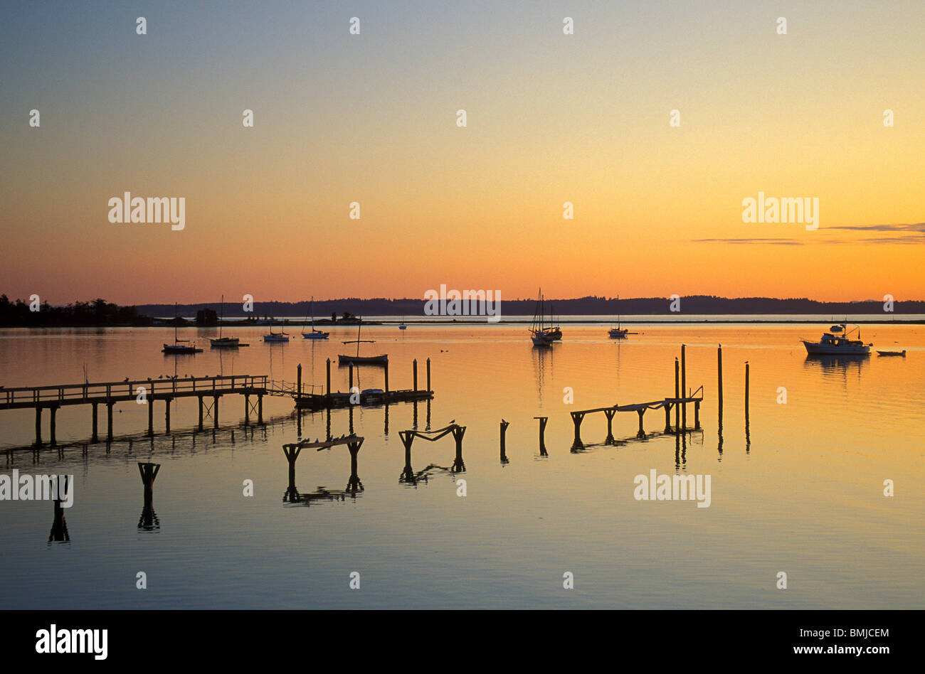 Fischer Bay, Lopez Island, in der Abenddämmerung mit Dock und Segelboote in Bucht verankert; San Juan Islands, Washington. Stockfoto