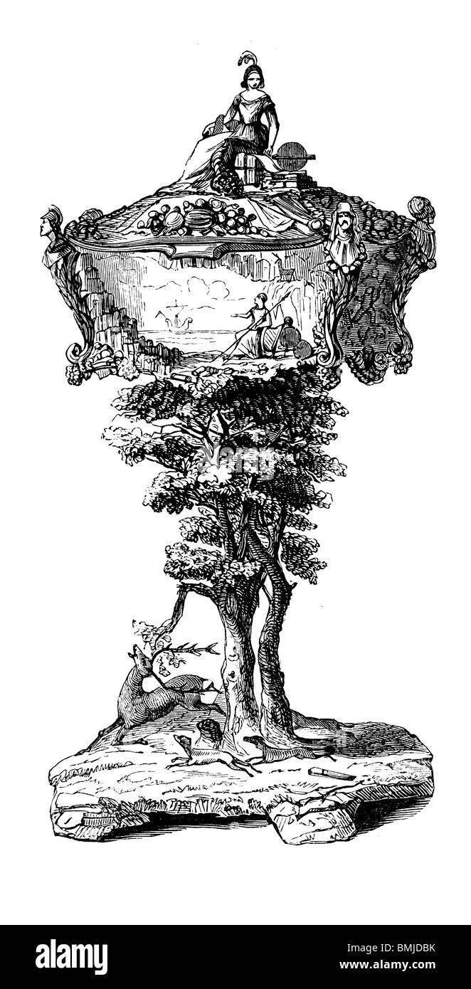 Schwarz / weiß-Gravur schneiden Sie isoliert auf weiss. Abbildung eines Kunst-Elements auf der großen Londoner Ausstellung 1851 ausgestellt. Stockfoto