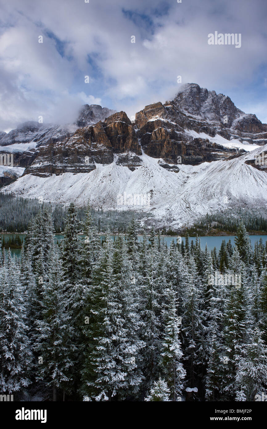 Mount Crowfoot & Crowfoot Glacier über Bow Lake im Schnee, Icefields Parkway, Banff Nationalpark, Alberta, Kanada Stockfoto
