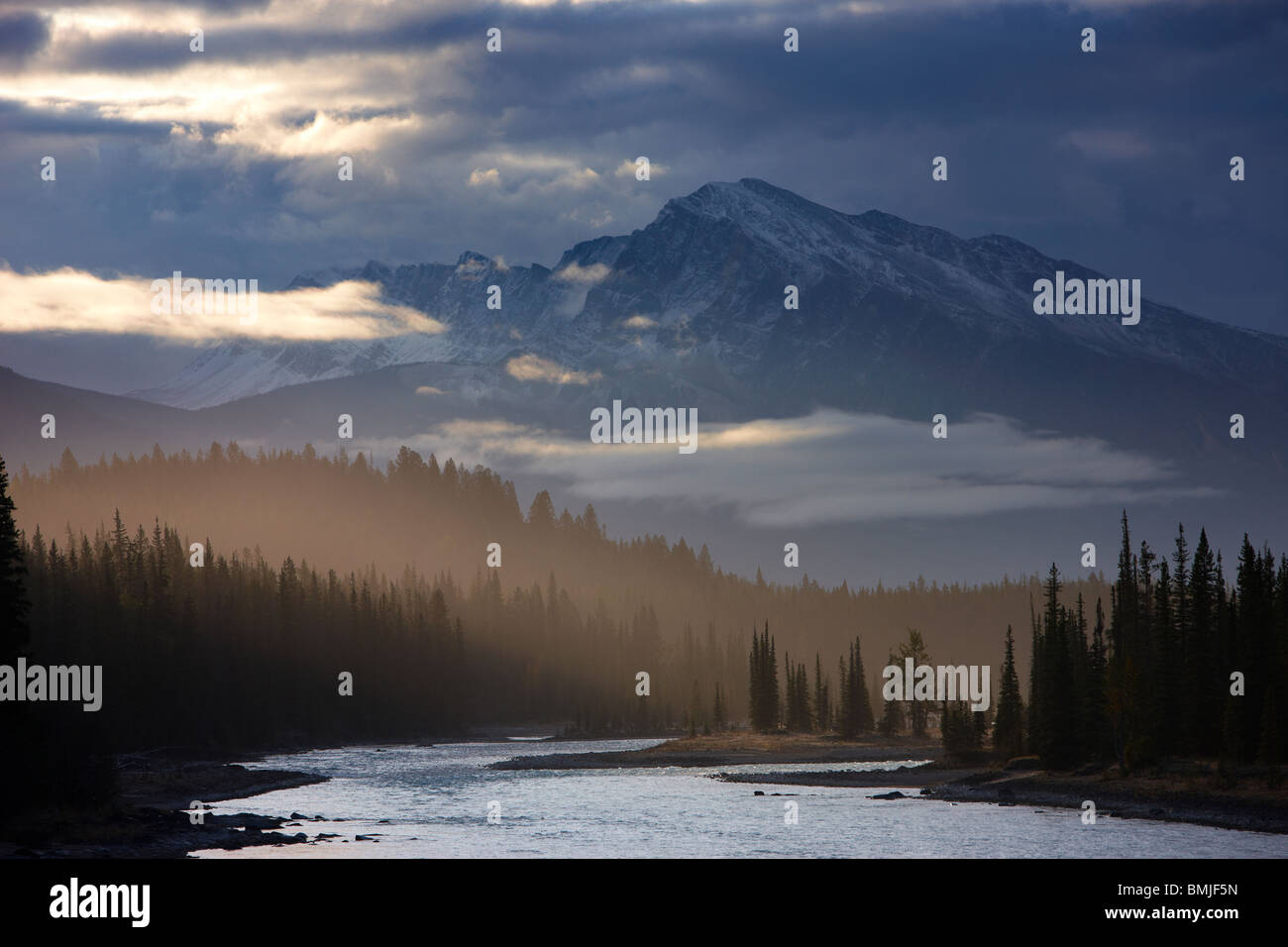 der Athabasca River und Mount Hardisty in der Morgendämmerung, Jasper Nationalpark, Alberta, Kanada Stockfoto