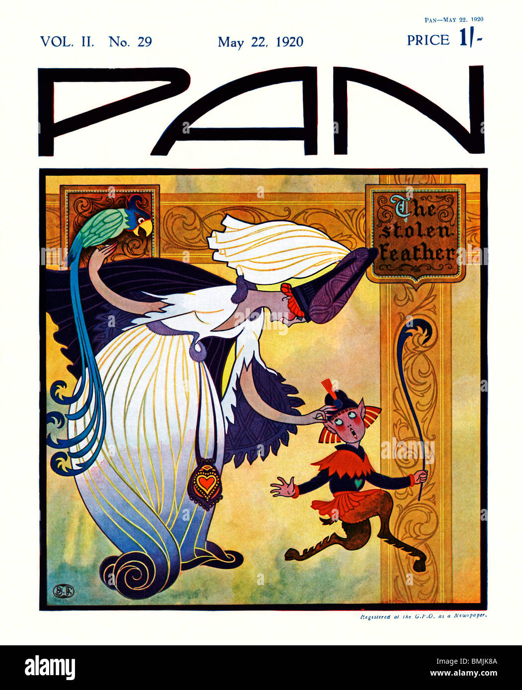 Pan, 22. Mai 1920, die gestohlen Feder, Art-deco-Cover der englischen Literaturzeitschrift, Pan kann nicht stehlen den Schweif des Papageis Stockfoto