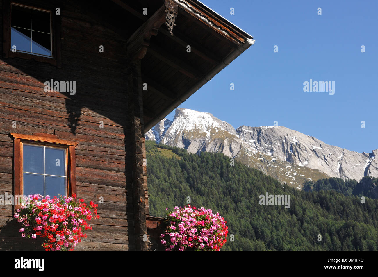 Europa, Österreich, Haus mit Alpen im Hintergrund Stockfoto