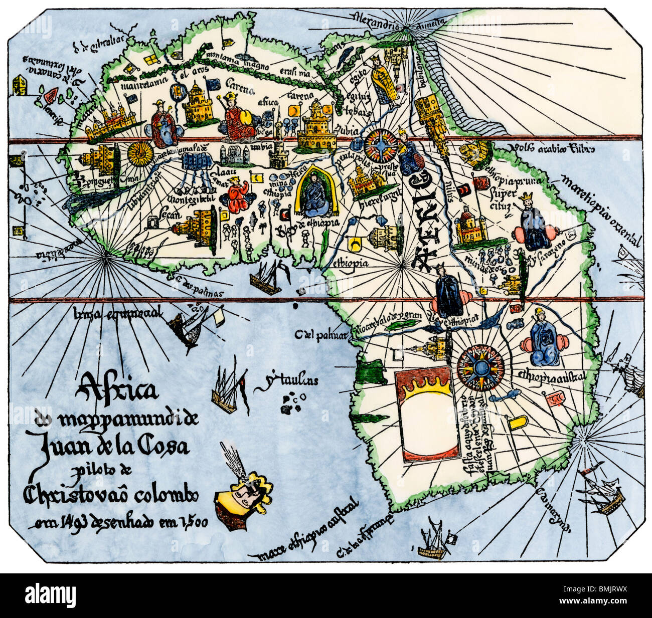 Afrika als nach Vasco da Gama's Entdeckungen bekannt, von der Karte von Juan de La Cosa, 1500. Hand - farbige Holzschnitt Stockfoto