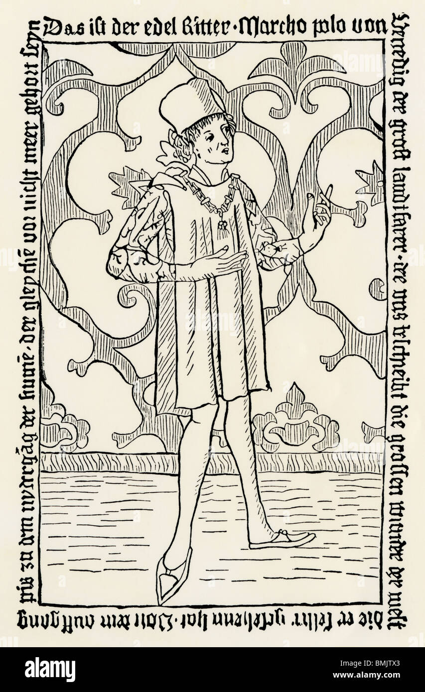 Titelseite der Marco Polo "Voyages' in Nürnberg im Jahr 1477 veröffentlicht. Holzschnitt Stockfoto