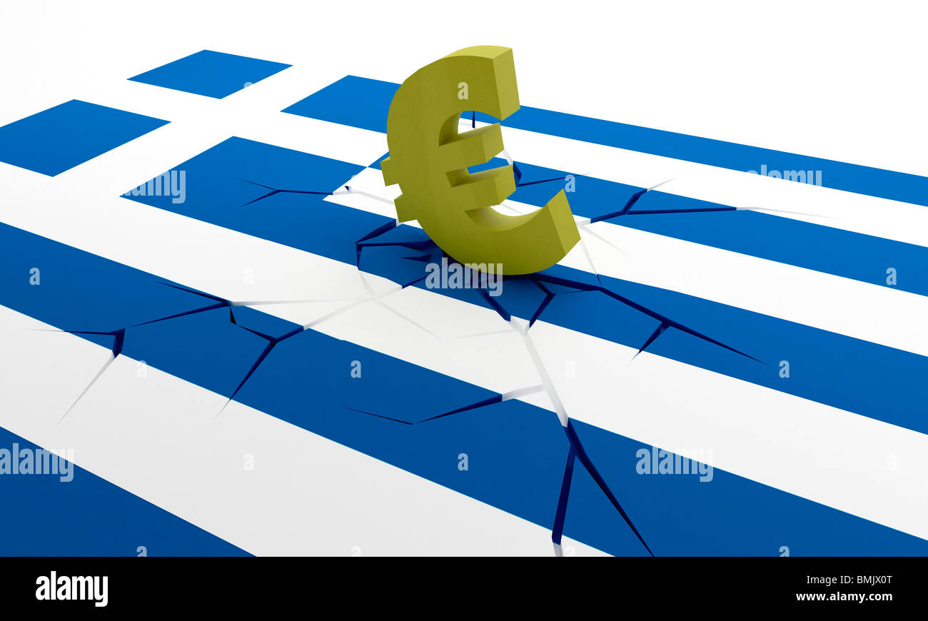 Euro-Symbol auf griechischen Riss Fahnen Hintergrund Stockfoto