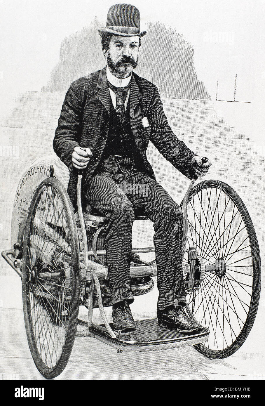 DIE BENZIN-ZYKLUS. Ein Benzin-Motor ist auf einem Fahrrad installiert. USA.  Gravur des neunzehnten Jahrhunderts Stockfotografie - Alamy