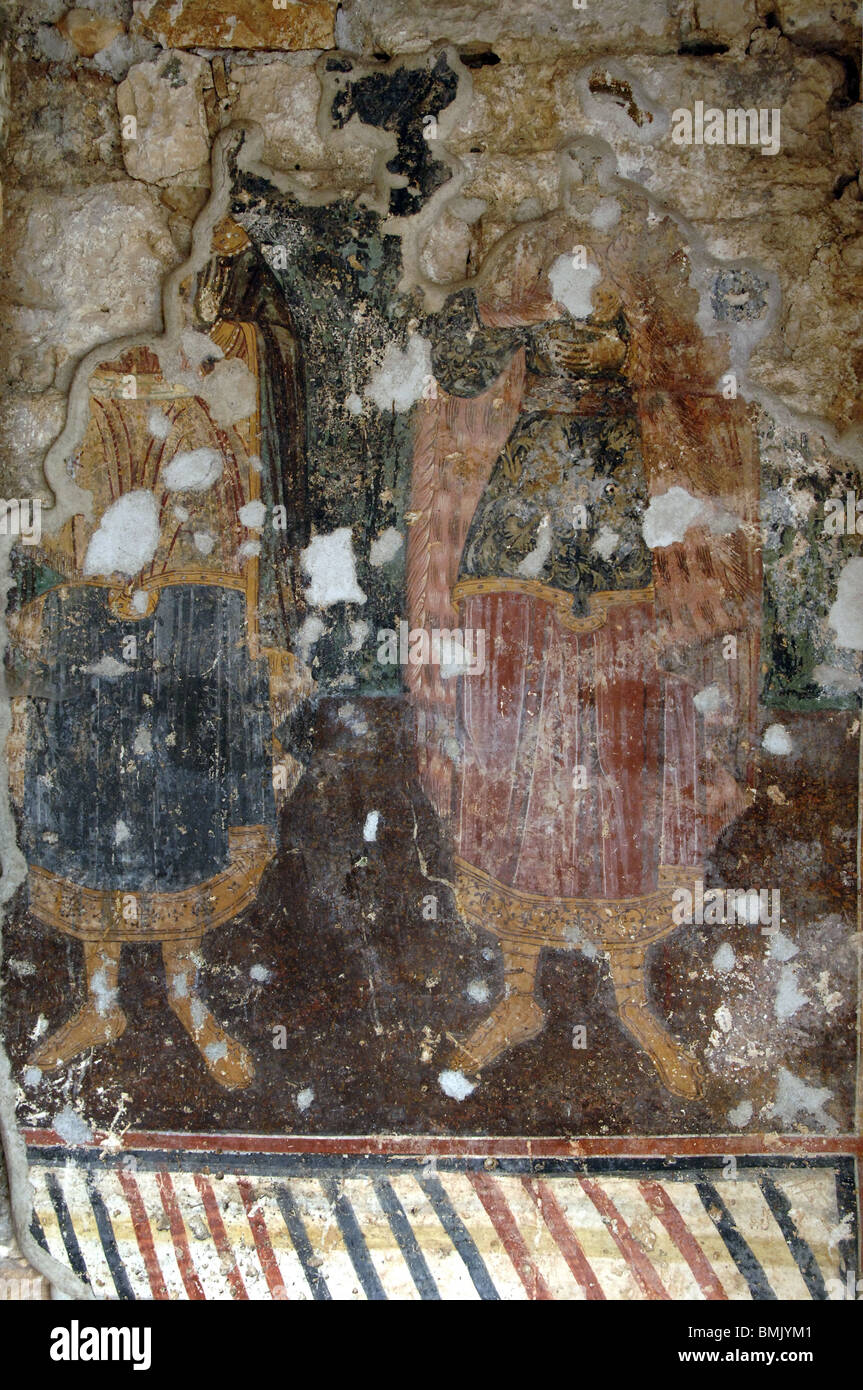 BYZANTINISCHE KUNST. REPUBLIK VON ALBANIEN. Fresken in Lekuresi Burg. Saranda. Stockfoto