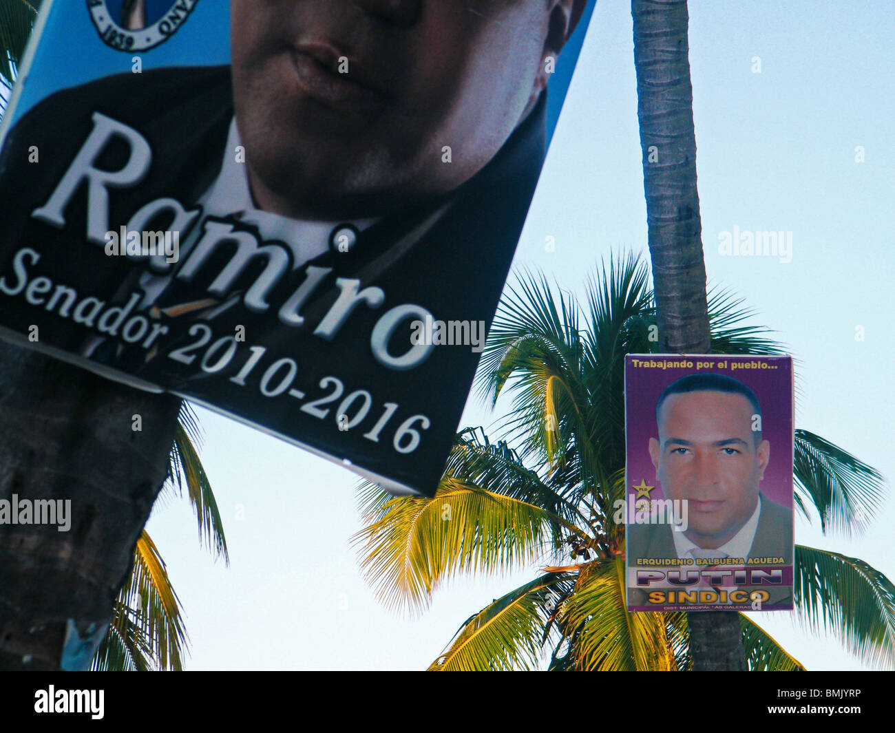 Politische Kampagne Plakate auf Palmen am Strand von Las Galeras, Dominikanische Republik Stockfoto