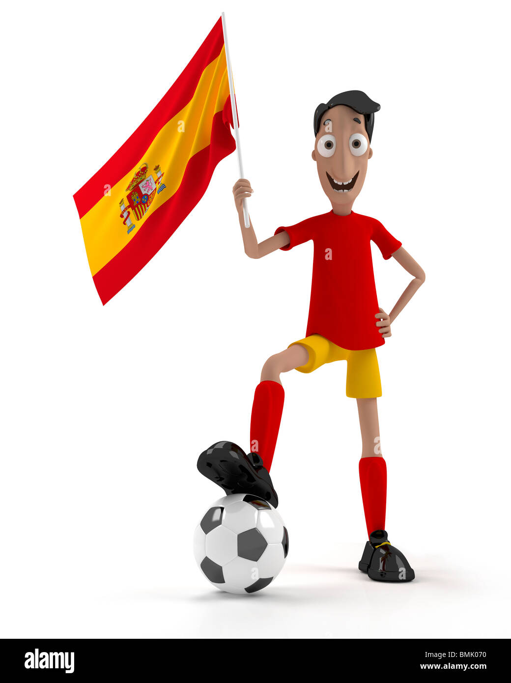 Lächelnde Cartoon Stil Fußballspieler mit Ball und Spanien Flagge Stockfoto