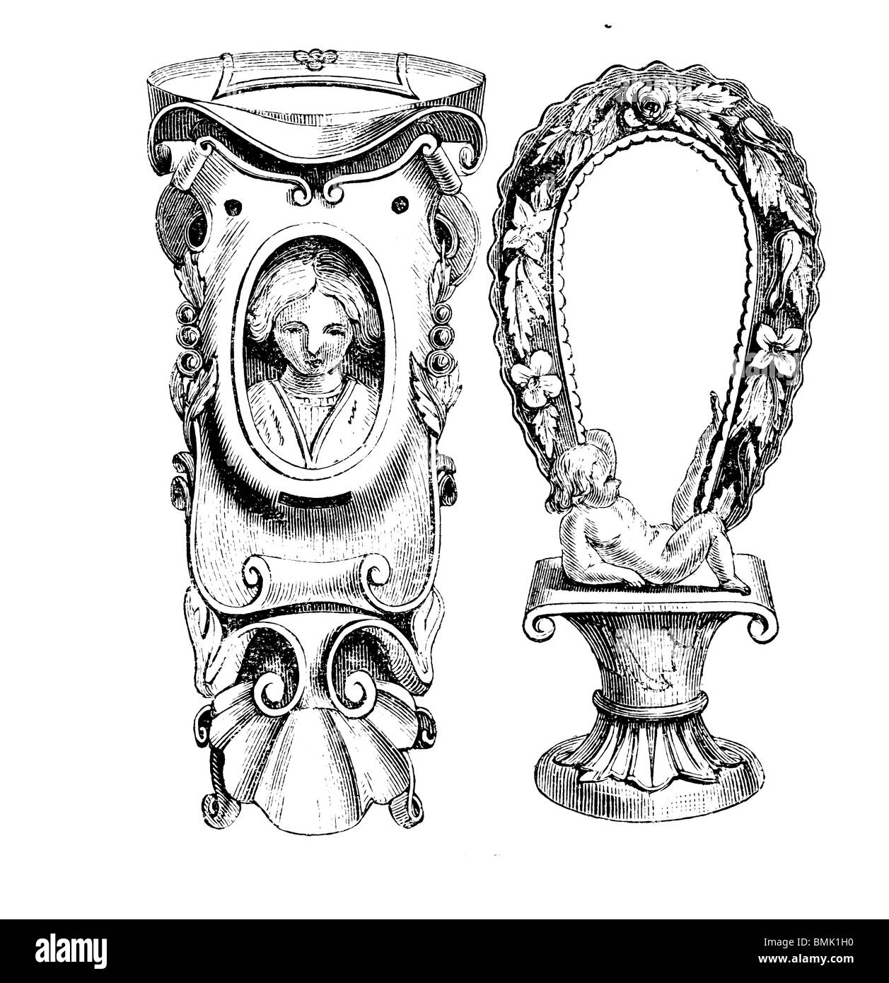 Schwarz / weiß-Gravur schneiden Sie isoliert auf weiss. Abbildung eines Kunst-Elements auf der großen Londoner Ausstellung 1851 ausgestellt. Stockfoto