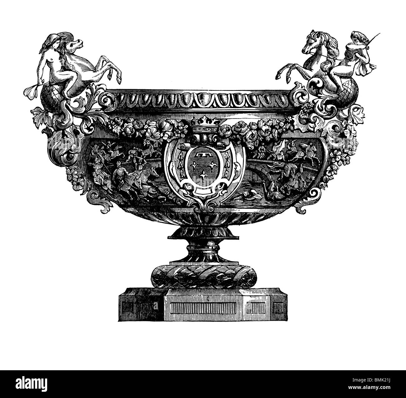 Schwarz / weiß-Gravur schneiden Sie isoliert auf weiss. Abbildung eines Kunst-Elements auf der großen Londoner Ausstellung 1851 ausgestellt. Stockfoto